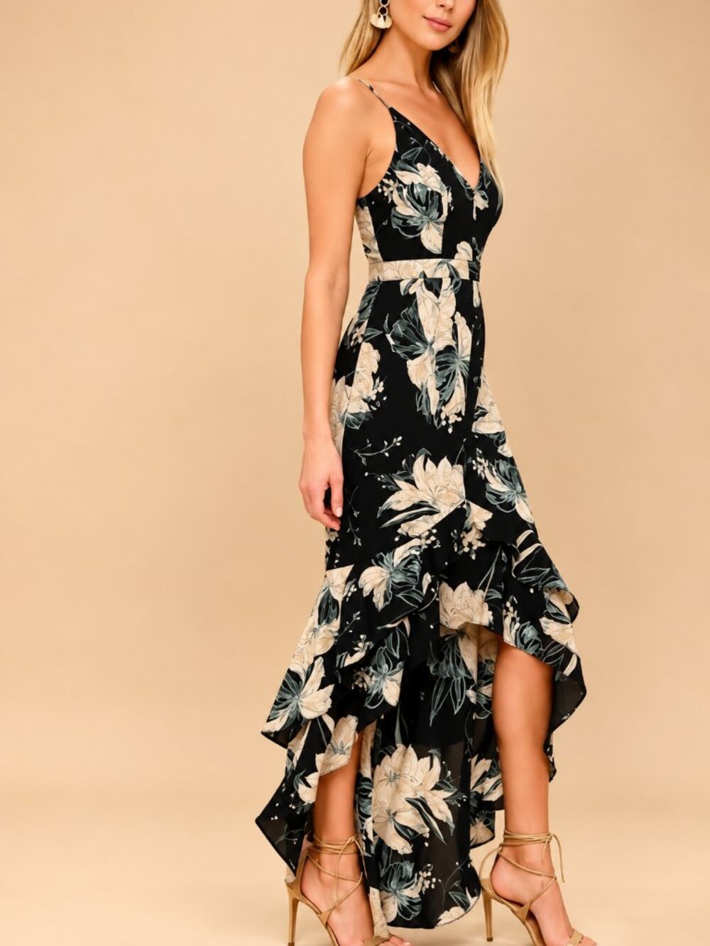 Lulu's NEW Darling Daylily Black Floral Print Maxi Ruffled Dress SZ Medium